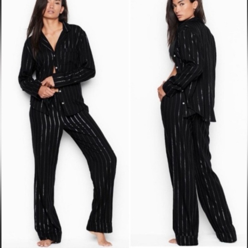PINK Victoria's Secret Black and Silver Striped Pajama Top Pants Set Medium
